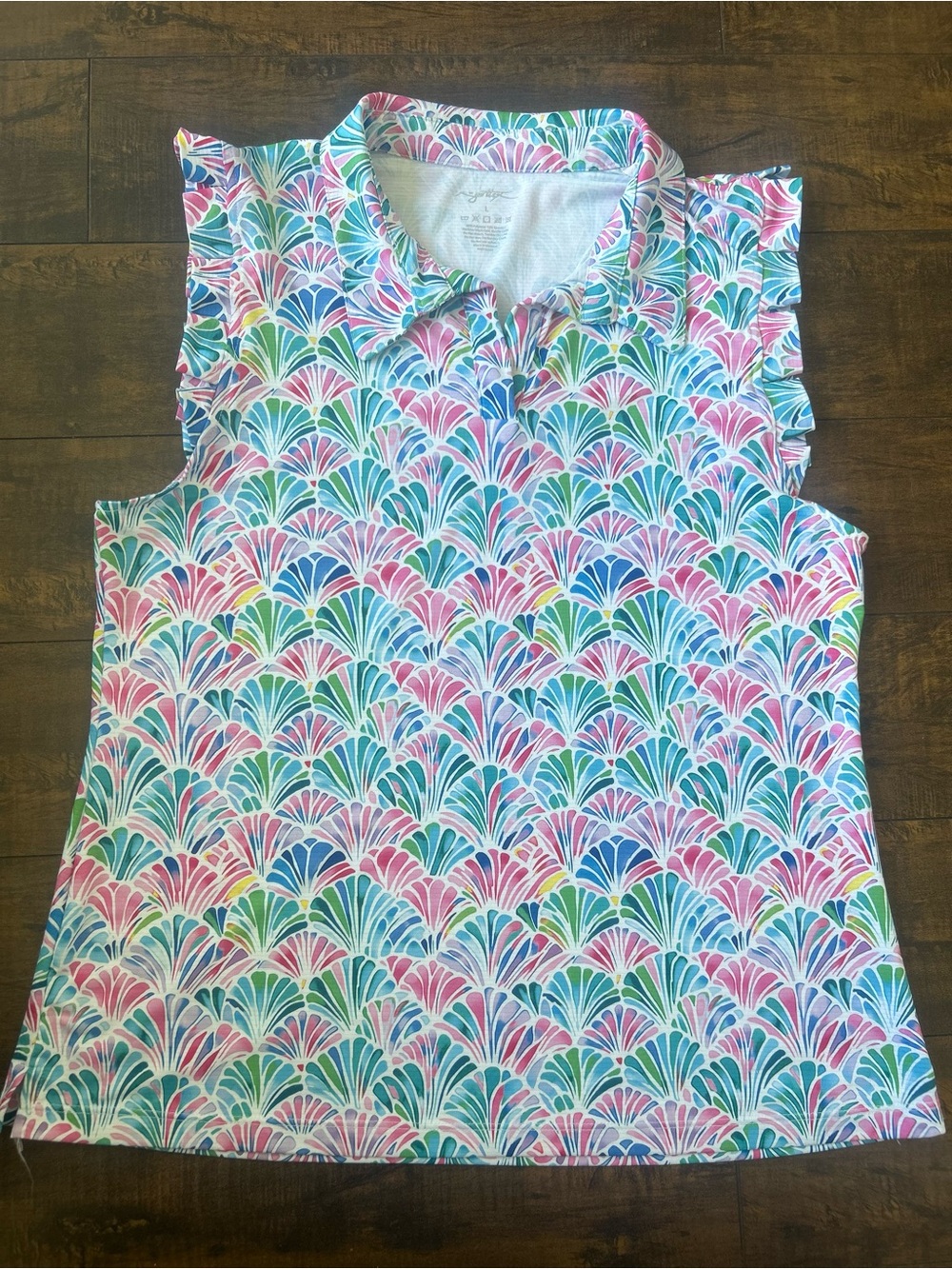 Sleeveless Polo Dress with Pink, Teal & Blue Fan Print